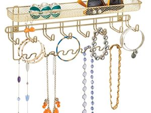 mDesign Steel Wall Mount Closet Jewelry Storage Organizer Rack Holder with 8 Hooks and Basket for Bedroom - Holds Necklaces