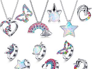 12 Pcs Girls Necklaces and Rings Set Girls Jewelry Butterfly Cat Star Unicorn Necklace and Ring Colorful Rainbow Unicorn Accessories Sponge Filled Cardboard Jewelry Box with Lid for Women Girls