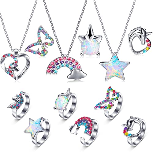 12 Pcs Girls Necklaces and Rings Set Girls Jewelry Butterfly Cat Star Unicorn Necklace and Ring Colorful Rainbow Unicorn Accessories Sponge Filled Cardboard Jewelry Box with Lid for Women Girls 12 Pcs Girls Necklaces and Rings Set Girls Jewelry Butterfly Cat Star Unicorn Necklace and Ring Colorful Rainbow Unicorn Accessories Sponge Filled Cardboard Jewelry Box with Lid for Women Girls