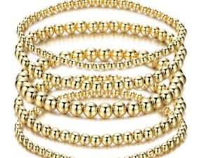 Gold Beaded Bracelet for Women 14 K Gold Plated Ball Beads Bracelet Stack Stretch String Friendship Bracelet Mens Classic Bold Gold Color Brass Beads Bracelet Set for Girls