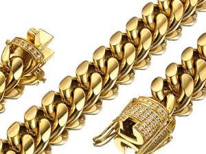 Mens Miami Cuban Link Chain 18K Gold 15mm Stainless Steel Curb Necklace with cz Diamond Chain Choker