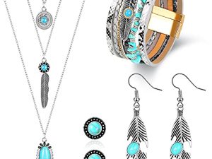 6 Pcs Western Jewelry for Women Boho Turquoise Necklace Bracelet Earring Jewelry Set Bohemian Dangle Earrings Multi Strand Feather Wrap Bracelet for Women
