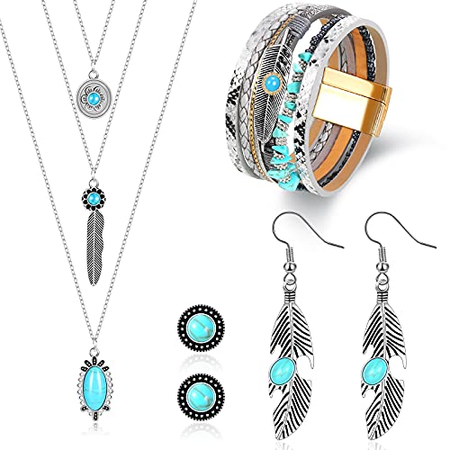 6 Pcs Western Jewelry for Women Boho Turquoise Necklace Bracelet Earring Jewelry Set Bohemian Dangle Earrings Multi Strand Feather Wrap Bracelet for Women 6 Pcs Western Jewelry for Women Boho Turquoise Necklace Bracelet Earring Jewelry Set Bohemian Dangle Earrings Multi Strand Feather Wrap Bracelet for Women