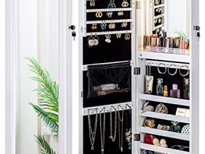 LUXFURNI Mirror Jewelry Cabinet 79 LED Lights Wall-Mount/ Door-Hanging Armoire