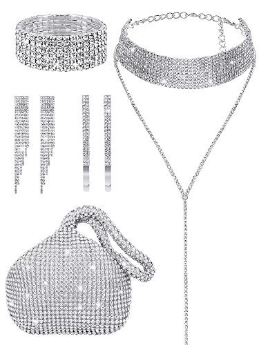 MTLEE 7 Pieces Women Rhinestone Jewelry Set Rhinestone Tassel Choker Necklace Bling Clutch Purses Stretch Bangle Bracelet Crystal Dangle Fringe Earrings Crystal hairpin for Evening Wedding Party MTLEE 7 Pieces Women Rhinestone Jewelry Set Rhinestone Tassel Choker Necklace Bling Clutch Purses Stretch Bangle Bracelet Crystal Dangle Fringe Earrings Crystal hairpin for Evening Wedding Party