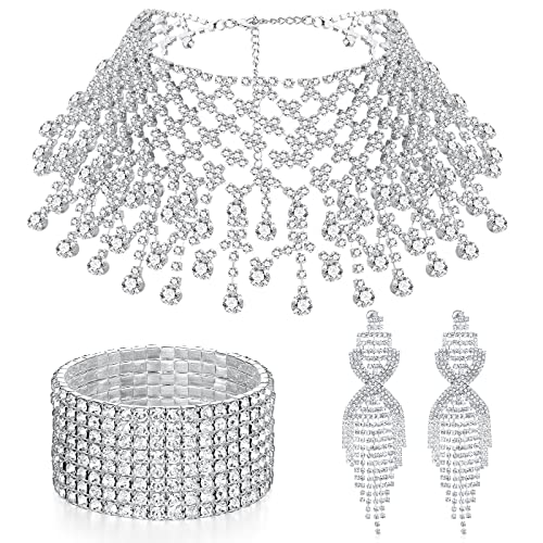 3 Pieces Women Crystal Jewelry Set Includes Bridal Wedding Rhinestone Choker Necklace Crystal Stackable Stretch Bracelets and Teardrop Long Tassels Dangle Earrings Accessories for Girls 3 Pieces Women Crystal Jewelry Set Includes Bridal Wedding Rhinestone Choker Necklace Crystal Stackable Stretch Bracelets and Teardrop Long Tassels Dangle Earrings Accessories for Girls