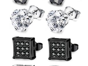 JOERICA 4 Pairs Stainless Steel Stud Earrings for Men Women Earrings CZ Inlaid