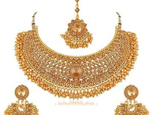 Efulgenz Indian Bollywood Traditional Crystal Pearl Wedding Choker Necklace Earrings Maang Tikka Jewelry Set