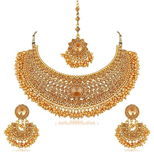 Efulgenz Indian Bollywood Traditional Crystal Pearl Wedding Choker Necklace Earrings Maang Tikka Jewelry Set Efulgenz Indian Bollywood Traditional Crystal Pearl Wedding Choker Necklace Earrings Maang Tikka Jewelry Set