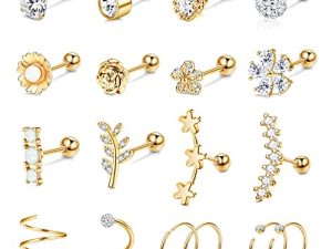 IRONBOX 18 Pcs 16G Cartilage Earrings Studs for Women Men Surgical Steel Helix Tragus Couch Piercing Jewelry Opal Flower Leaf CZ Cartilage Earrings