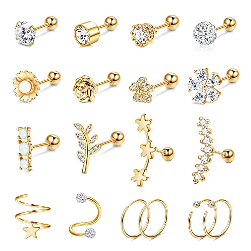 IRONBOX 18 Pcs 16G Cartilage Earrings Studs for Women Men Surgical Steel Helix Tragus Couch Piercing Jewelry Opal Flower Leaf CZ Cartilage Earrings IRONBOX 18 Pcs 16G Cartilage Earrings Studs for Women Men Surgical Steel Helix Tragus Couch Piercing Jewelry Opal Flower Leaf CZ Cartilage Earrings