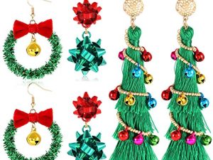 NVENF Christmas Earrings for Women Xmas Bow Wreath Earrings Long Tassel Christmas Tree Earrings Festive Gifts for Girls Holiday Accessory