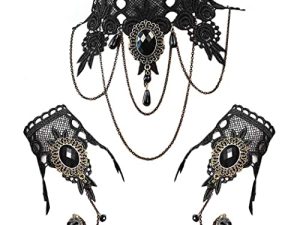 Jurxy Black Choker Lace Necklace with Bracelet Set Punk Party Gothic Vintage Handmade Retro Bracelet Wristband for Women-S size