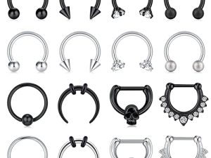 TOKRING 16PCS 16G Septum Nose Rings Stainless Steel Hinged Seamless Nose Hoop Ring Smiley Horseshoe Piercing Jewelry Captive Bead Ring Helix Daith Tragus Cartilage Earrings for Women Men