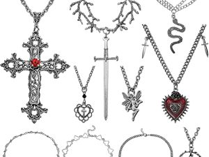 COGU 10Pcs Gothic Grunge Necklace Set Goth Punk Rock Emo Silver Necklace Jewelry Sword Cross Thorn Pentagram Love Heart Angel Wing Snake Evil Eye Halloween Necklace for Women Girl Teens with Delicate Gift Box