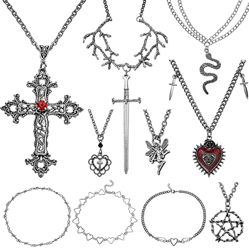 COGU 10Pcs Gothic Grunge Necklace Set Goth Punk Rock Emo Silver Necklace Jewelry Sword Cross Thorn Pentagram Love Heart Angel Wing Snake Evil Eye Halloween Necklace for Women Girl Teens with Delicate Gift Box COGU 10Pcs Gothic Grunge Necklace Set Goth Punk Rock Emo Silver Necklace Jewelry Sword Cross Thorn Pentagram Love Heart Angel Wing Snake Evil Eye Halloween Necklace for Women Girl Teens with Delicate Gift Box
