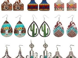 9 pairs Western Cowgirl Cowboy Earrings Set Vintage Sunflower Bohemian Turquoise Cow Print Leather Wood Teardrop Dangle Earrings