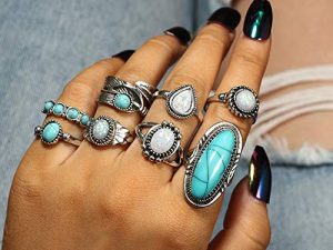 Asphire 8 Pcs Bohemian Joint Knuckle Rings Set Oval Turquoise Finger Ring Opal Gemstone Teardrop Midi Rings Punk Leaf Index Ring for Women and Girls