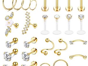 Ubjuliwa 27Pcs 16G Cartilage Earrings Stud Hoop for Women Stainless Steel Helix Piercing Tragus Earrings Forward Conch Piercing Jewelry