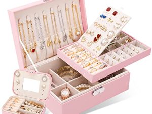 GOLVER 2 Pack jewelry box Jewelry Organizer for Women 2 Layer Girls Jewelry Boxes for Earring Necklaces Watch Rings With An Extra Small Jewelry Case forTravel Pink
