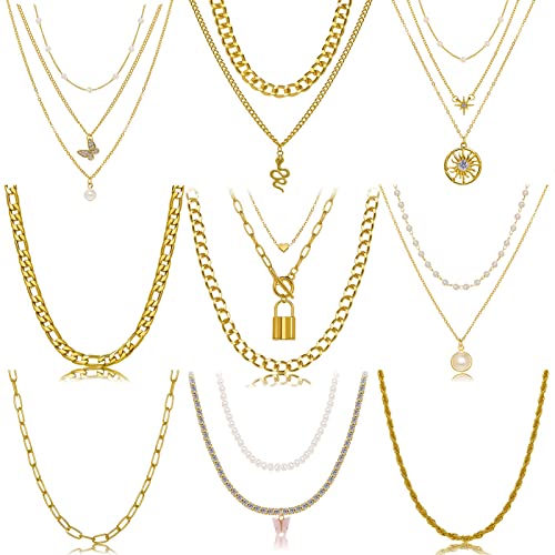 9PCS Gold Layered Chain Necklace for Women Girls 9PCS Gold Layered Chain Necklace for Women Girls