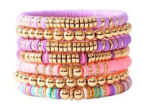 Surfer Heishi Clay Bead Bracelets for Women Bohemian Stackable Evil Eye Vinyl Disc Beaded Stretch Bracelets Elastic Layering Friendship Bracelets Boho Jewelry