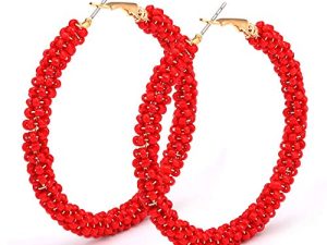 CEALXHENY Beaded Hoop Earrings for Women Mixed Color Bead Dangle Earrings Bohemia Hoop Dangle Earring Studs for Girls