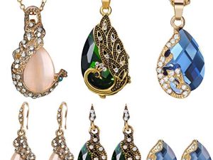 Hicarer 6 Pieces Women Elegant Necklace Set Peacock Waterdrop Rhinestone Pendant Necklace Crystal Peacock Pattern Earrings Jewelry