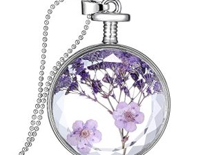 Dried Pressed Purple Flower Necklace Heart Round Shape Glass Pendant Necklace for Women Girl