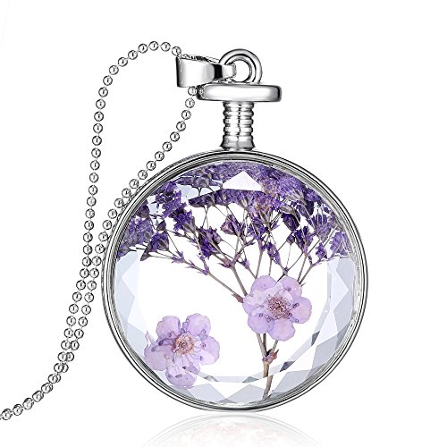 Dried Pressed Purple Flower Necklace Heart Round Shape Glass Pendant Necklace for Women Girl Dried Pressed Purple Flower Necklace Heart Round Shape Glass Pendant Necklace for Women Girl