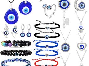 Svovin 23 Pieces Evil Eye Necklace Pendant for Women Men Turkish Lucky Blue Eyes Amulet Leather Rope Evil Eyes Earrings Bracelets Jewelry Set