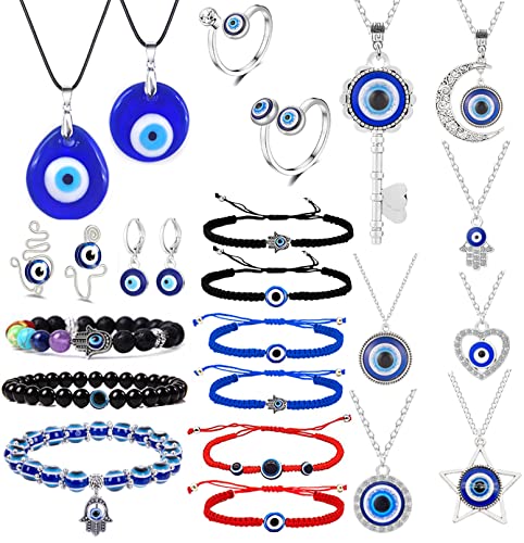 Svovin 23 Pieces Evil Eye Necklace Pendant for Women Men Turkish Lucky Blue Eyes Amulet Leather Rope Evil Eyes Earrings Bracelets Jewelry Set Svovin 23 Pieces Evil Eye Necklace Pendant for Women Men Turkish Lucky Blue Eyes Amulet Leather Rope Evil Eyes Earrings Bracelets Jewelry Set