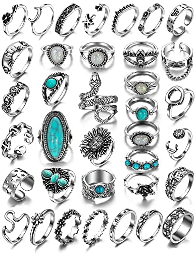 KISSWIFE 36Pcs Vintage Silver Knuckle Rings Set for Women Girls KISSWIFE 36Pcs Vintage Silver Knuckle Rings Set for Women Girls