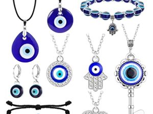Jslohas 11Pcs Evil Eye Necklace Pendant for Women Men Leather Rope Evil Eye Earrings Protection Bracelet Jewelry Set Evil Eye Charms