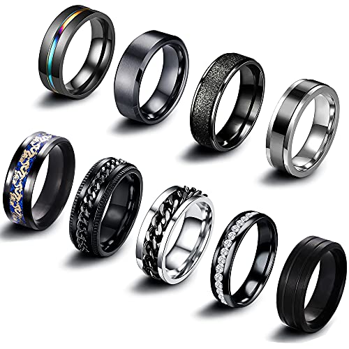 EIELO 9Pcs Stainless Steel Band Rings for Men Women Cool Fidget Spinning Chain Ring Anxiety Relief Fashion Simple Wedding Engagement Black Ring Set EIELO 9Pcs Stainless Steel Band Rings for Men Women Cool Fidget Spinning Chain Ring Anxiety Relief Fashion Simple Wedding Engagement Black Ring Set