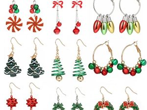 9 Pairs Christmas Earrings Set for Women Girls Holiday Earrings Christmas Tree Jingle Bell Light Bulbs Bow Dangle Earrings Jewelry Accessories
