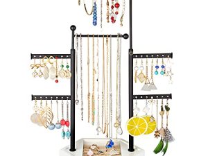 Miratino Jewelry Organizer Stand Jewelry Holder Double Rods 6 Tiers with Solid Wood Storage Hexagon Base for Necklaces Earrings Bracelets Rings Display Vintage White