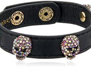 Betsey Johnson Halloween Black Leather with Multi-Color Stone Skulls Wrap Bracelet