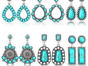 6 Pairs Turquoise Oval Earrings Turquoise Bohemian Dangle Boho Cowboy Leather Vintage Earrings Leather Wood Teardrop Dangle Earrings Boho Aztec Pattern Turquoise Earrings for Women Girls