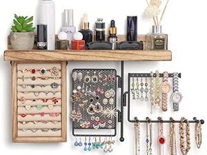 SOLIMINTR Hanging Jewelry Organizer Wall Mount Jewelry Holder with Rustic Wood Shelf