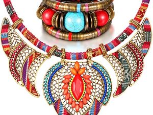 2 Pieces Ethnic Style Festival Tribal Beaded Bib Choker Rainbow Beads Statement Necklace Chunky Colorful Collar Bib Necklace Costume Necklace and African Tribal Bracelet Bohemian Wristband