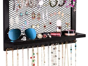 Love-KANKEI Jewelry Organizer Wall Mounted Rustic Wooden Jewelry Holder with Bracelet Rod & 15 Hooks for Earrings Necklace Bracelets Jewelry Display Black